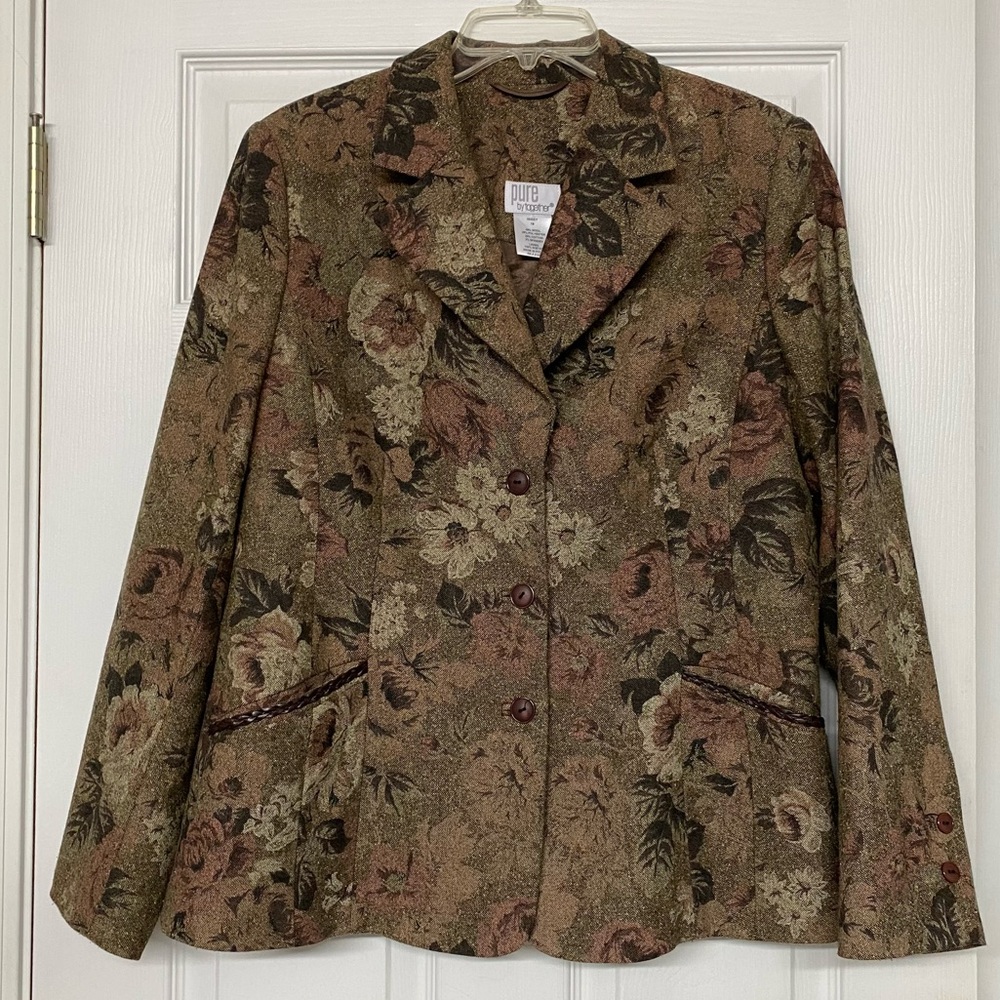 Wool Blend Floral Blazer Jacket Leather Trim Classic 14